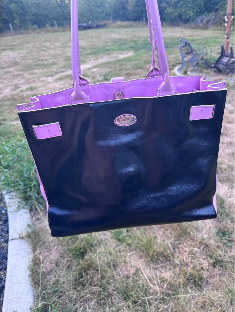 Furla Made in Italy Leather Tote Bag Pink Black Y2K Belt Buckle Vintage